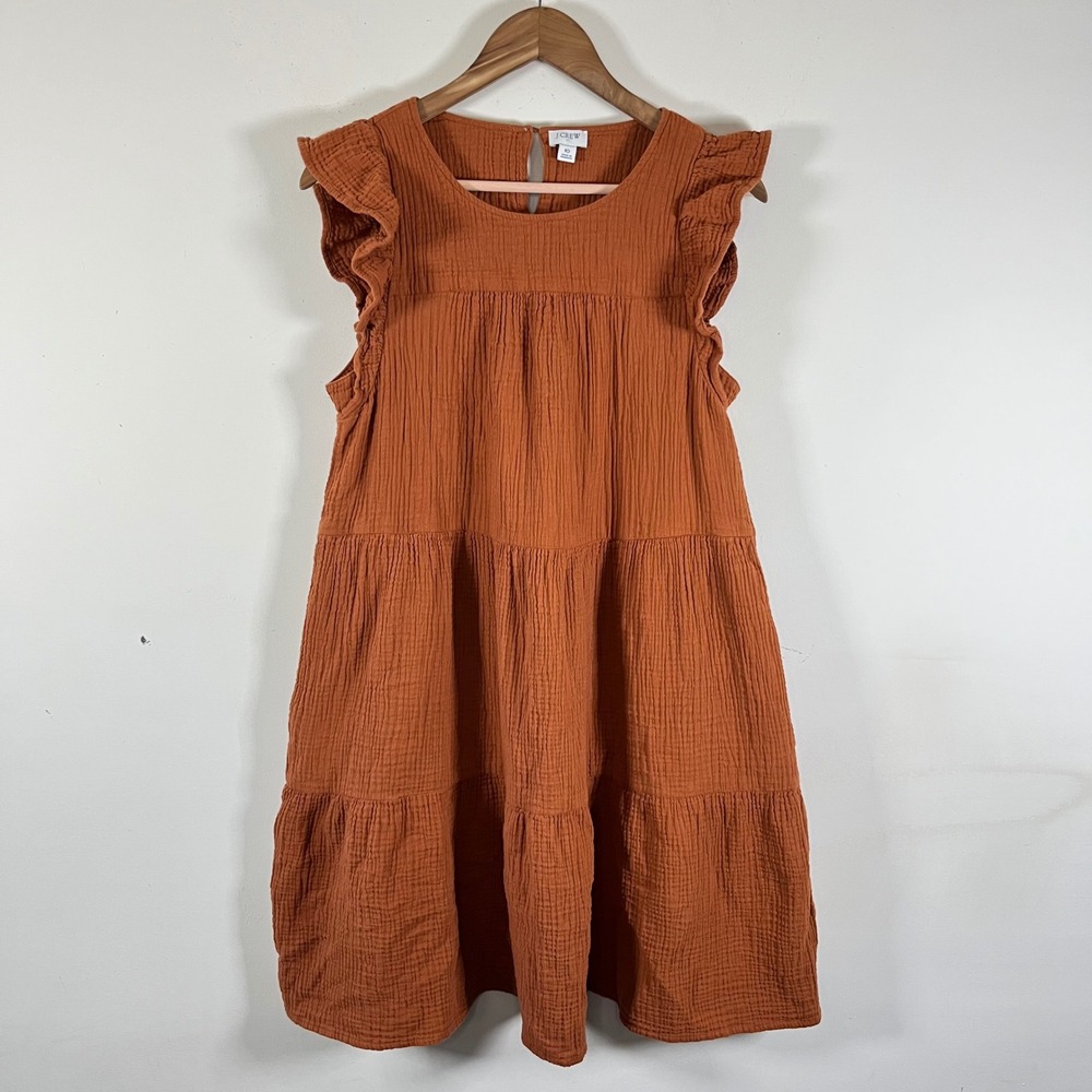 J. Crew Cotton Gauze Tiered Babydoll Mini Dress Orange Ruffle Sleeves Womens 10
